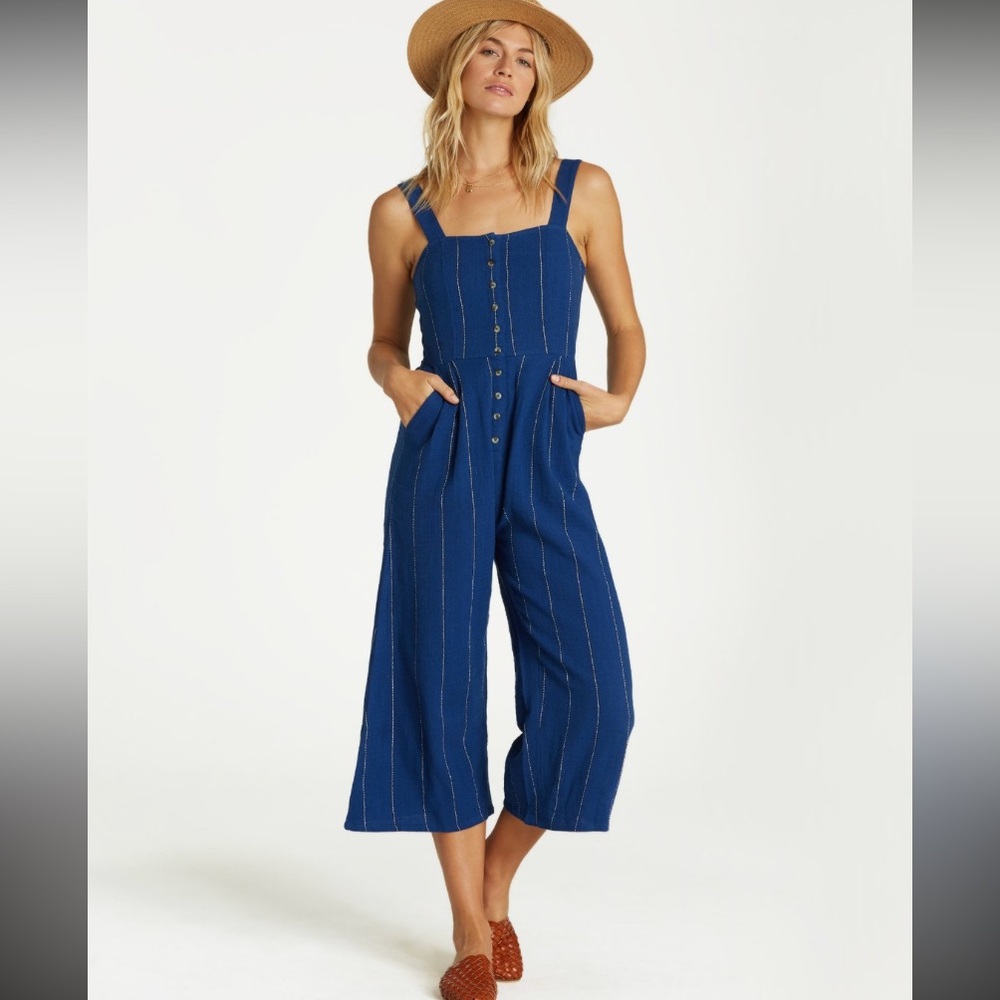 New Billabong Paint the Town Blue Striped Button Front Wide Leg Jumpsuit India M